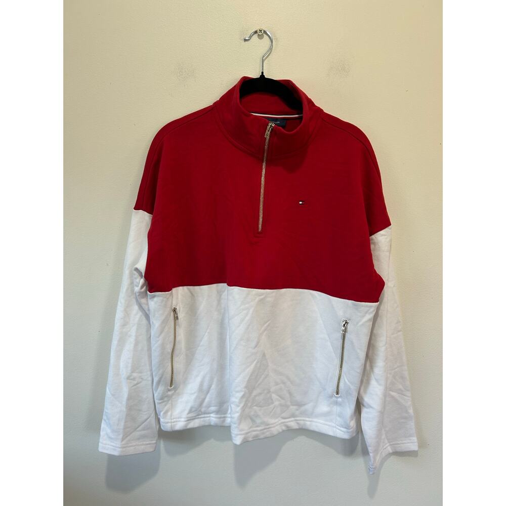 Tommy Hilfiger sweatshirt quarterzip womens M red white pockets cotton